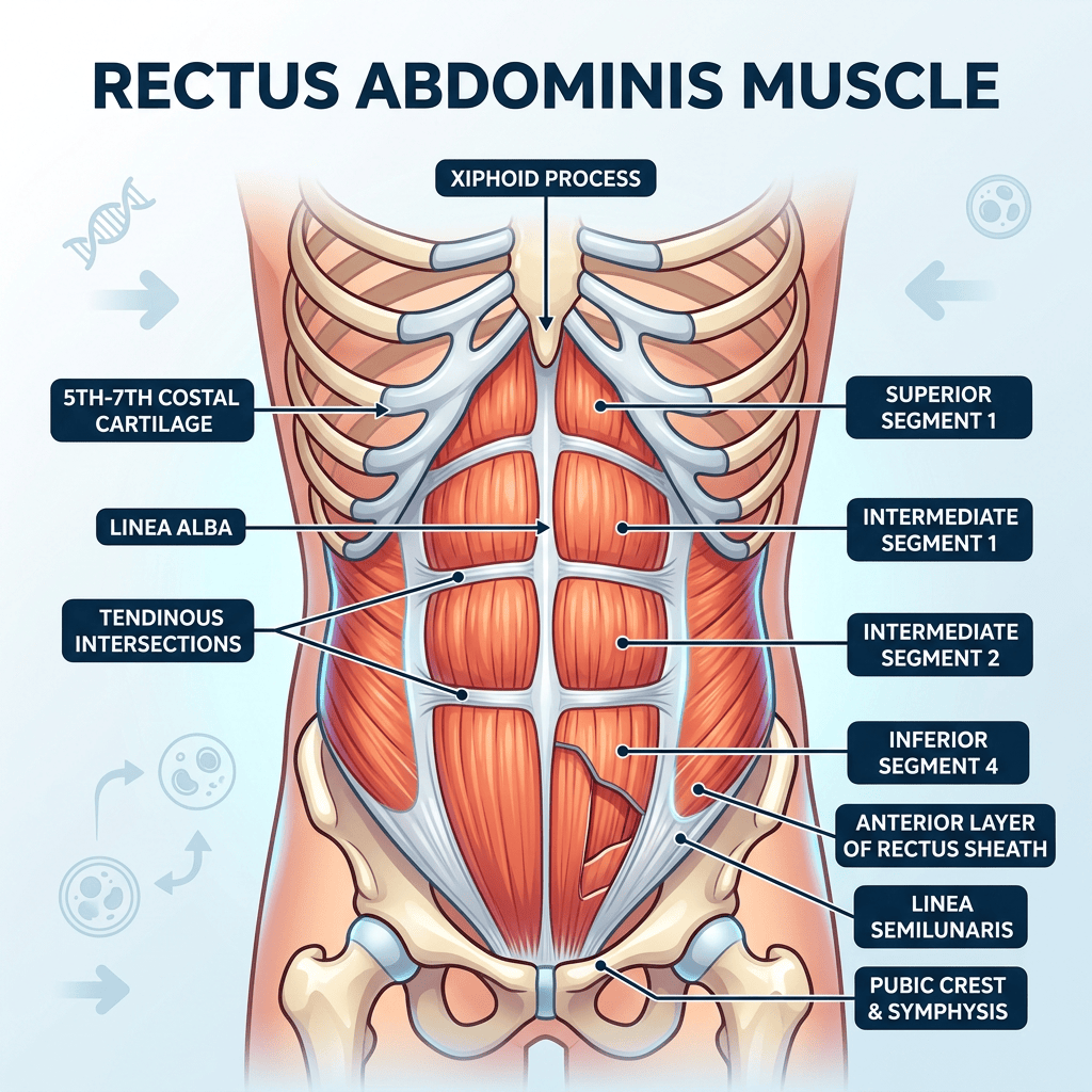 Anatomical diagram labeling segments and structures of the rectus abdominis muscle.